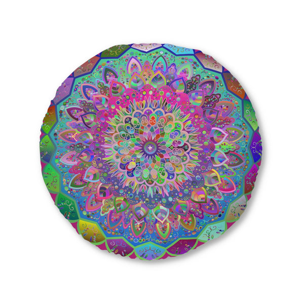 Floor Cushion Mandala Art Hand Drawn - Beautiful colorful Mandala on Fucsia background - Drawn by Hand - Tufted Floor Pillow, Round - Blululi