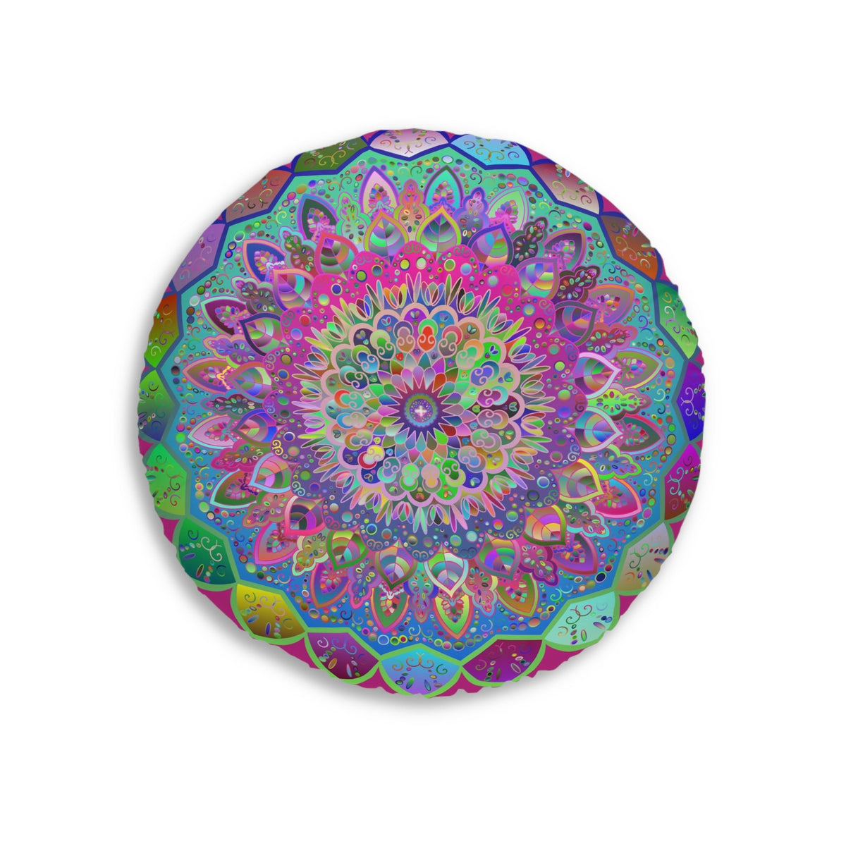 Floor Cushion Mandala Art Hand Drawn - Beautiful colorful Mandala on Fucsia background - Drawn by Hand - Tufted Floor Pillow, Round - Blululi