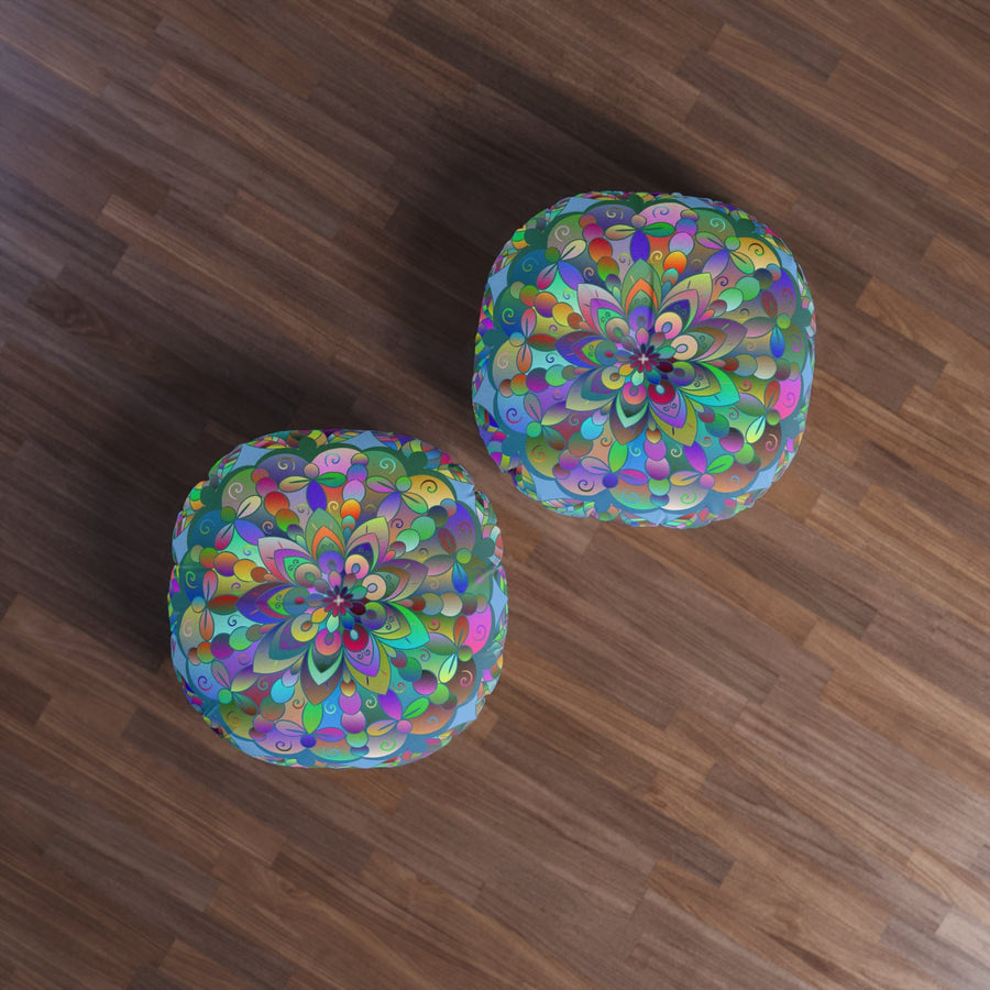 Floor Cushion Mandala Art Hand Drawn - Beautiful colorful Mandala on Light Blue background - Drawn by Hand - Tufted Floor Pillow, Round - Blululi