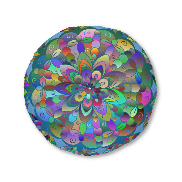 Floor Cushion Mandala Art Hand Drawn - Beautiful colorful Mandala on Light Blue background - Drawn by Hand - Tufted Floor Pillow, Round - Blululi