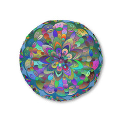 Floor Cushion Mandala Art Hand Drawn - Beautiful colorful Mandala on Light Blue background - Drawn by Hand - Tufted Floor Pillow, Round - Blululi
