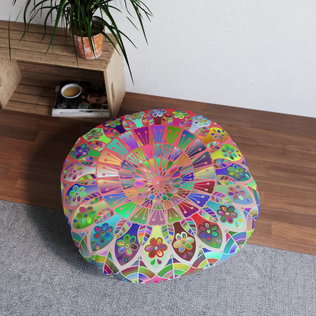 Floor Cushion Mandala Art Hand Drawn - Beautiful colorful Mandala on Light Blue background - Drawn by Hand - Tufted Floor Pillow, Round - Blululi