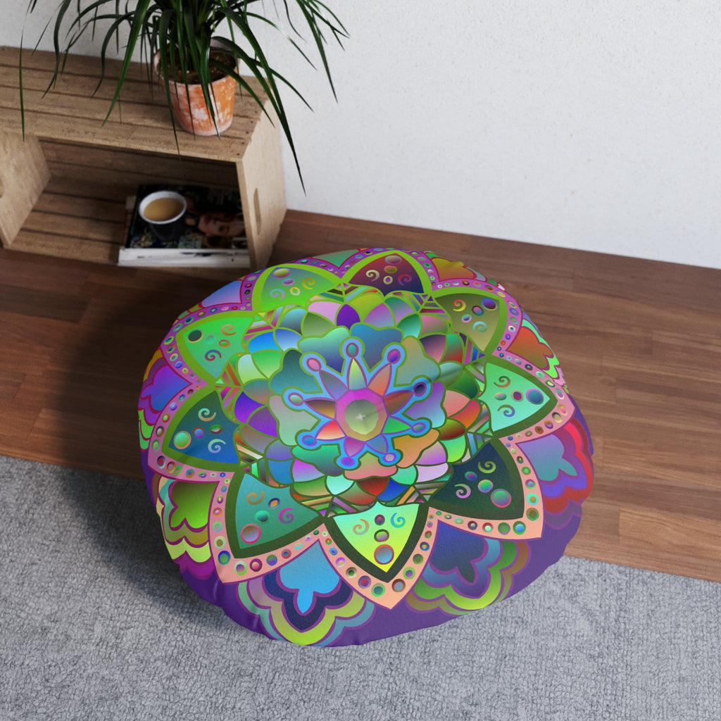 Floor Cushion Mandala Art Hand Drawn - Beautiful colorful Mandala on Purple background - Drawn by Hand - Tufted Floor Pillow, Round - Blululi