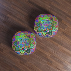 Floor Cushion Mandala Art Hand Drawn - Beautiful colorful Mandala on Purple background - Drawn by Hand - Tufted Floor Pillow, Round - Blululi