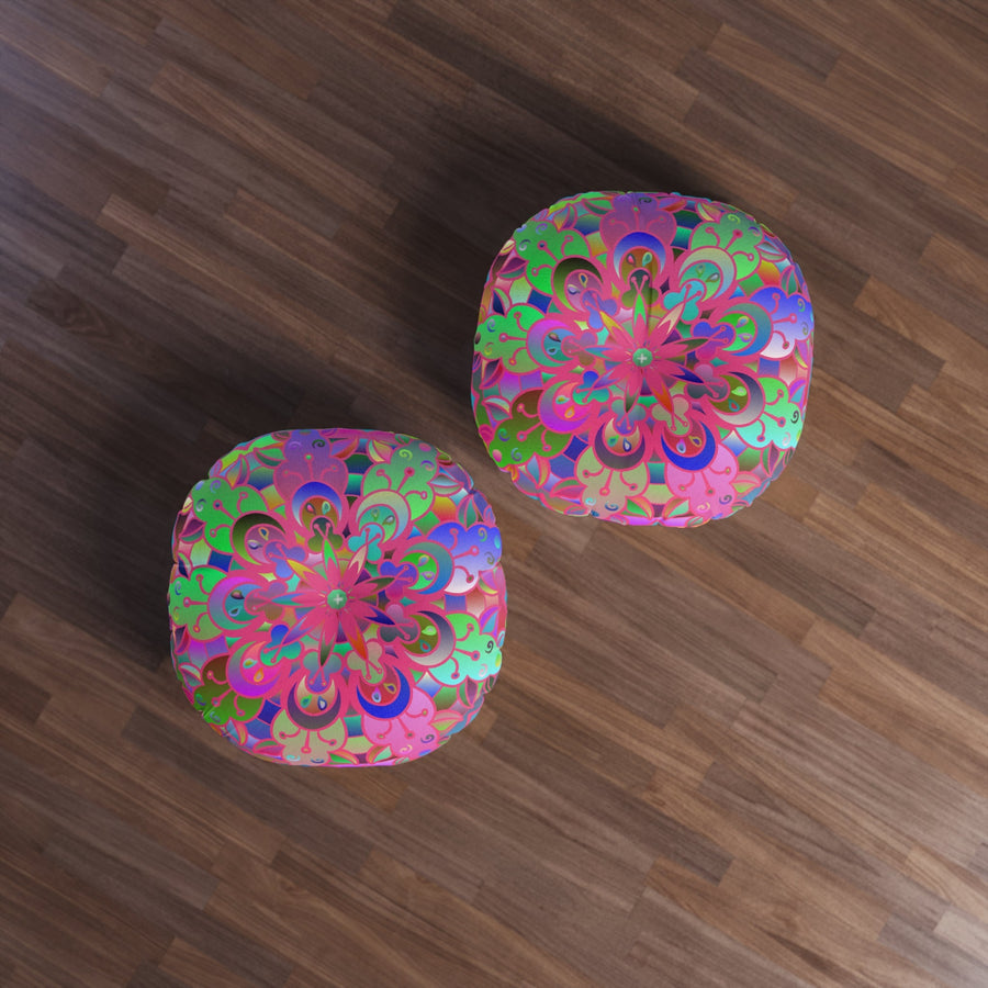 Floor Cushion Mandala Art Hand Drawn - Beautiful colorful Mandala on Turquoise background - Drawn by Hand - Tufted Floor Pillow, Round - Blululi
