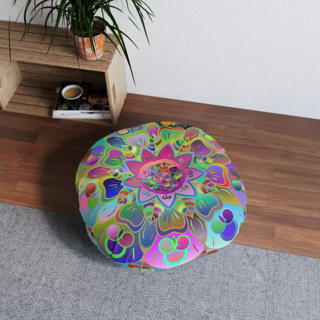 Floor Cushion Mandala Art Hand Drawn - Beautiful colorful Mandala on Turquoise background - Drawn by Hand - Tufted Floor Pillow, Round - Blululi