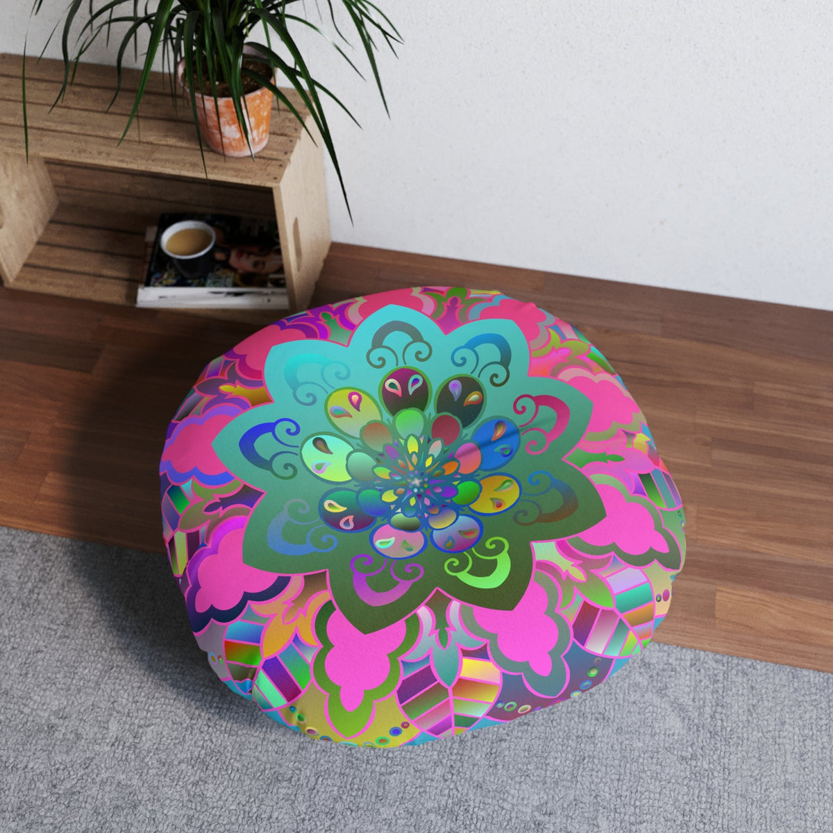 Floor Cushion Mandala Art Hand Drawn - Beautiful colorful Mandala on Turquoise background - Drawn by Hand - Tufted Floor Pillow, Round - Blululi
