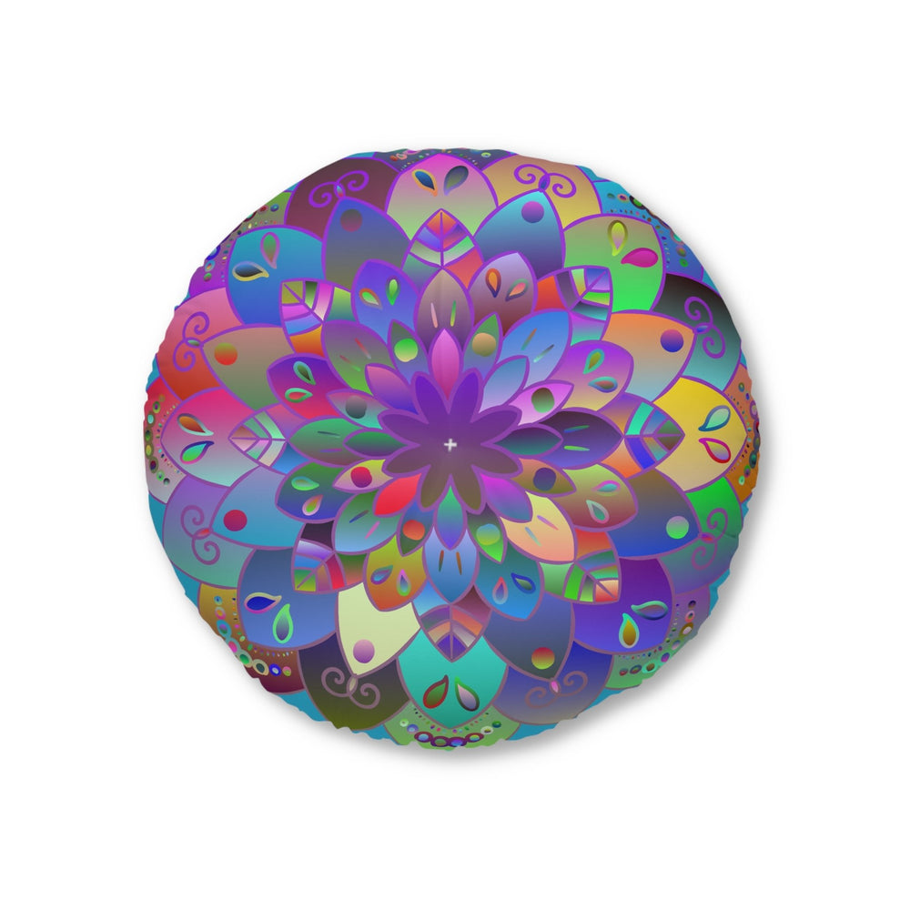 Floor Cushion Mandala Art Hand Drawn - Beautiful colorful Mandala on Turquoise background - Drawn by Hand - Tufted Floor Pillow, Round - Blululi