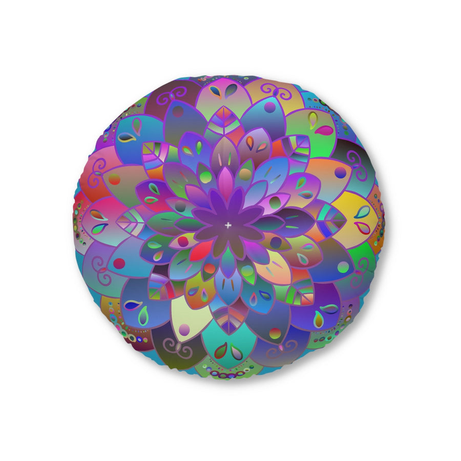 Floor Cushion Mandala Art Hand Drawn - Beautiful colorful Mandala on Turquoise background - Drawn by Hand - Tufted Floor Pillow, Round - Blululi