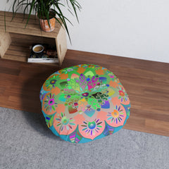 Floor Cushion Mandala Art Hand Drawn - Beautiful colorful Mandala on Turquoise background - Drawn by Hand - Tufted Floor Pillow, Round - Blululi