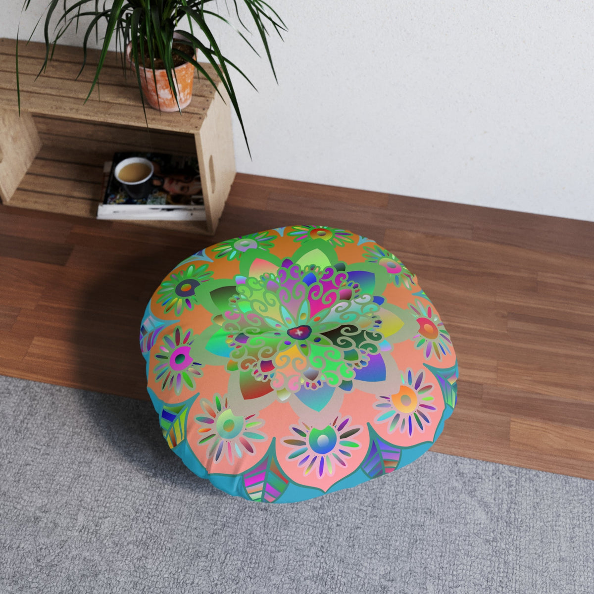 Floor Cushion Mandala Art Hand Drawn - Beautiful colorful Mandala on Turquoise background - Drawn by Hand - Tufted Floor Pillow, Round - Blululi