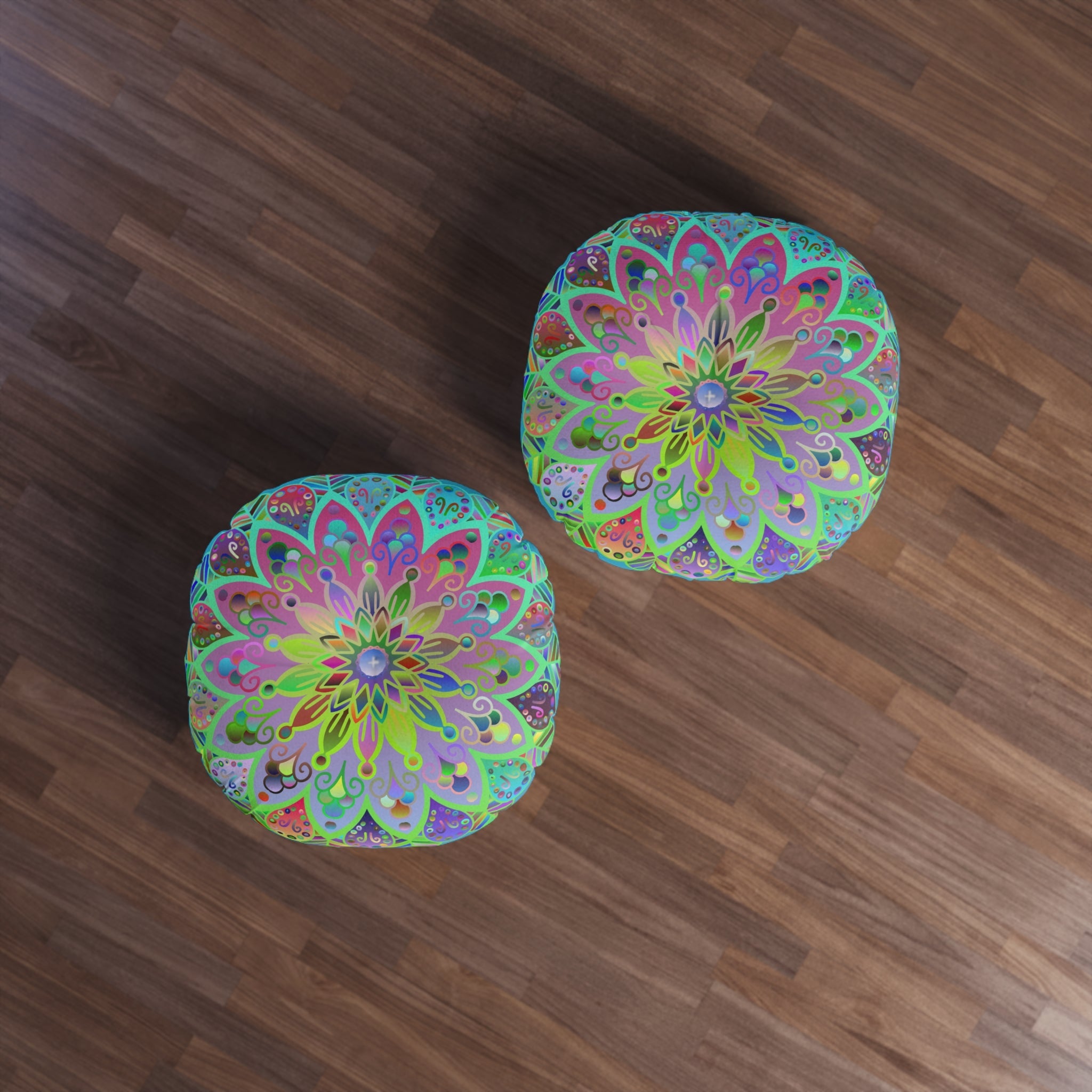 Floor Cushion Mandala Art Hand Drawn - Beautiful colorful Mandala on Turquoise background - Drawn by Hand - Tufted Floor Pillow, Round - Blululi