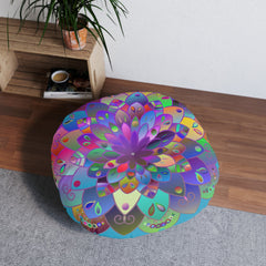 Floor Cushion Mandala Art Hand Drawn - Beautiful colorful Mandala on Turquoise background - Drawn by Hand - Tufted Floor Pillow, Round - Blululi