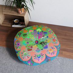 Floor Cushion Mandala Art Hand Drawn - Beautiful colorful Mandala on Turquoise background - Drawn by Hand - Tufted Floor Pillow, Round - Blululi