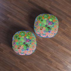 Floor Cushion Mandala Art Hand Drawn - Beautiful colorful Mandala on Turquoise background - Drawn by Hand - Tufted Floor Pillow, Round - Blululi