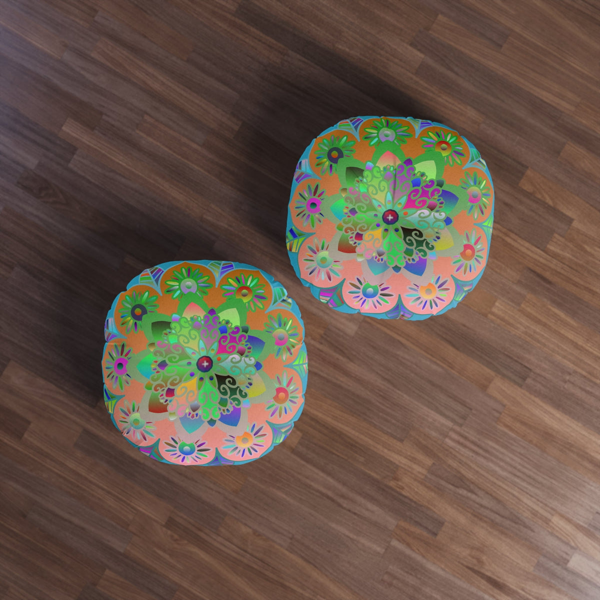 Floor Cushion Mandala Art Hand Drawn - Beautiful colorful Mandala on Turquoise background - Drawn by Hand - Tufted Floor Pillow, Round - Blululi