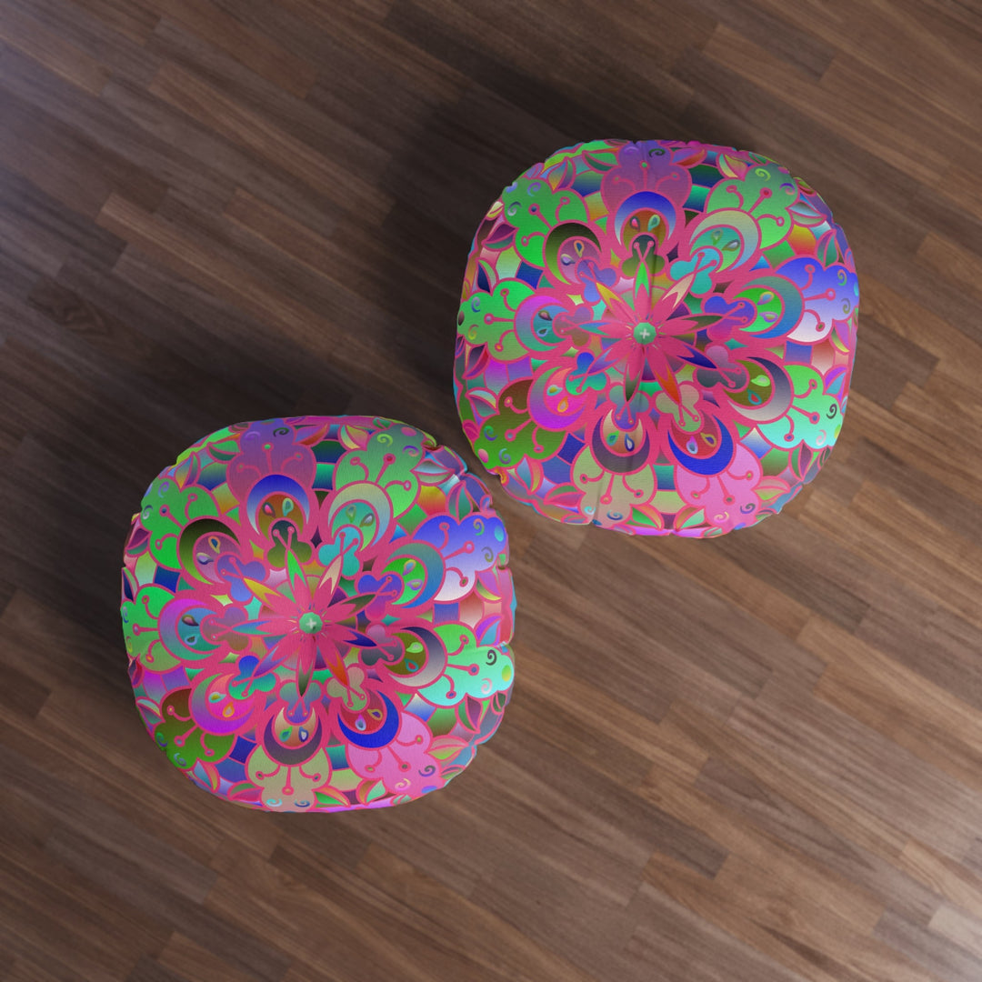 Floor Cushion Mandala Art Hand Drawn - Beautiful colorful Mandala on Turquoise background - Drawn by Hand - Tufted Floor Pillow, Round - Blululi