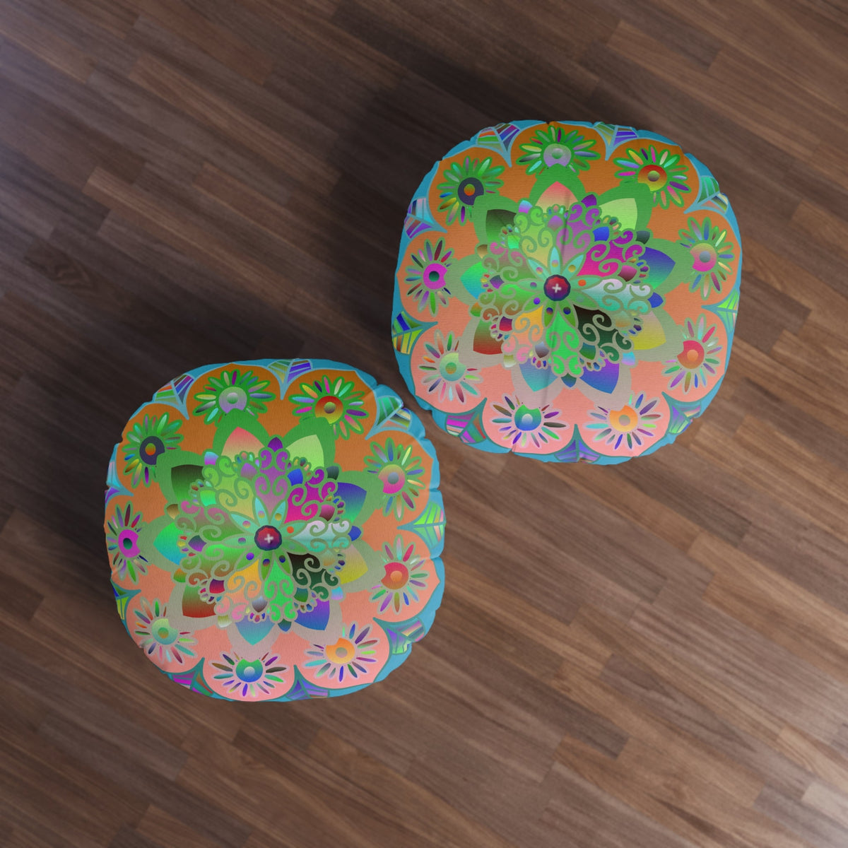 Floor Cushion Mandala Art Hand Drawn - Beautiful colorful Mandala on Turquoise background - Drawn by Hand - Tufted Floor Pillow, Round - Blululi