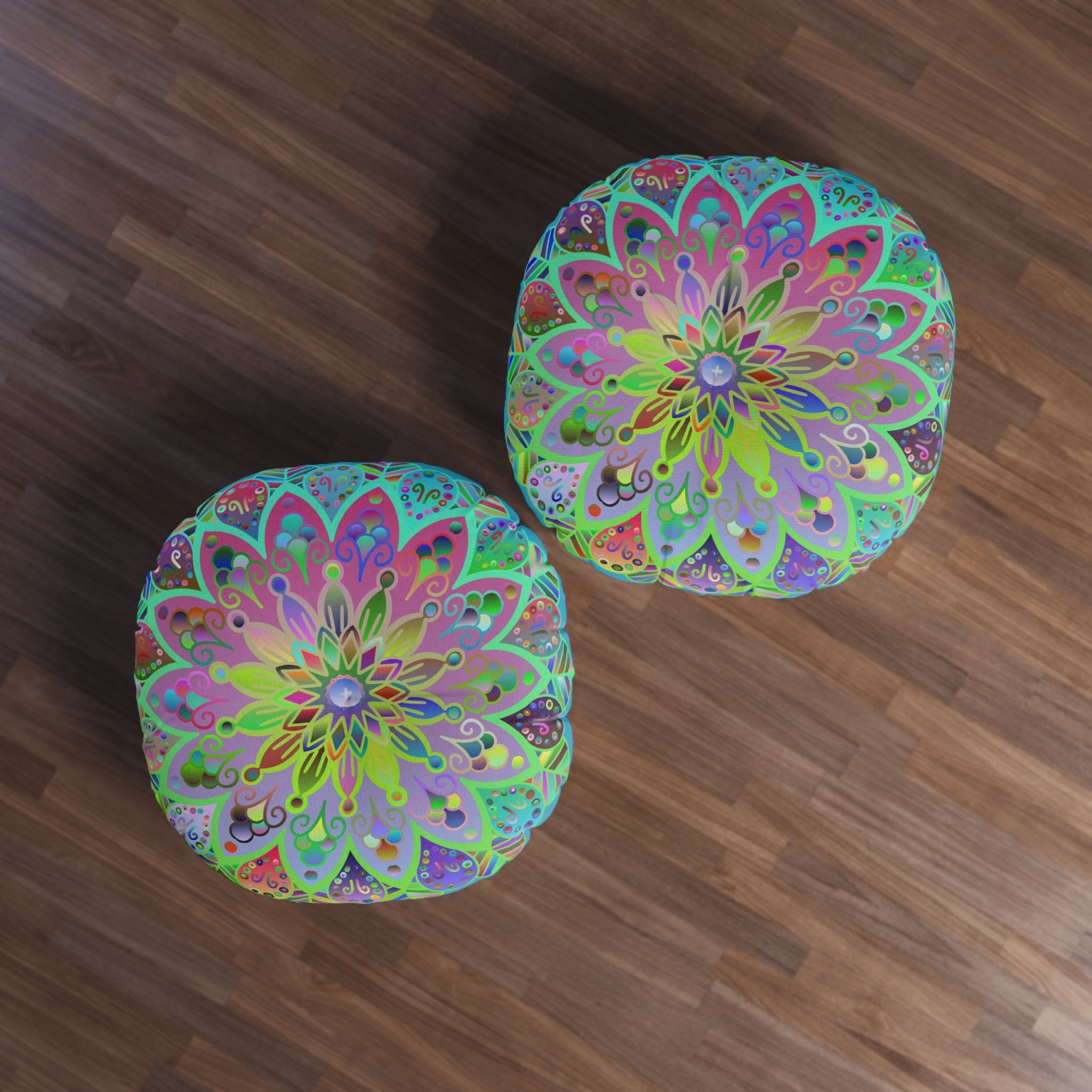 Floor Cushion Mandala Art Hand Drawn - Beautiful colorful Mandala on Turquoise background - Drawn by Hand - Tufted Floor Pillow, Round - Blululi