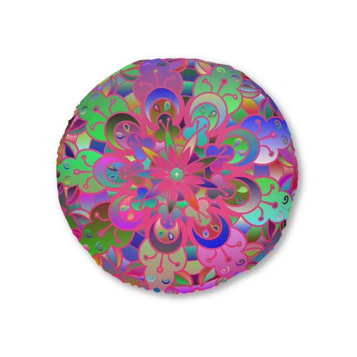 Floor Cushion Mandala Art Hand Drawn - Beautiful colorful Mandala on Turquoise background - Drawn by Hand - Tufted Floor Pillow, Round - Blululi