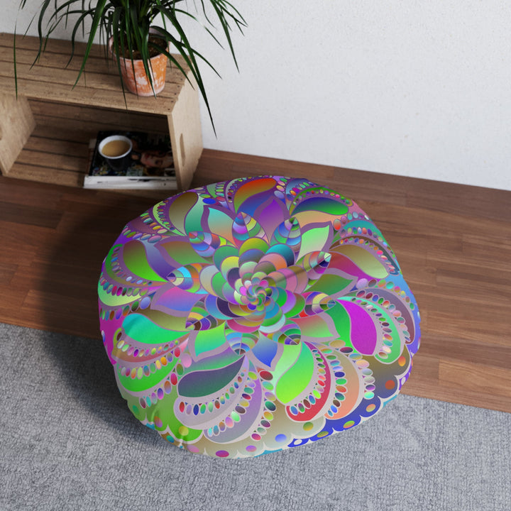 Floor Cushion Mandala Art Hand Drawn - Beautiful colorful Mandala on Turquoise background - Drawn by Hand - Tufted Floor Pillow, Round - Blululi