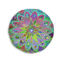 Floor Cushion Mandala Art Hand Drawn - Beautiful colorful Mandala on Turquoise background - Drawn by Hand - Tufted Floor Pillow, Round - Blululi