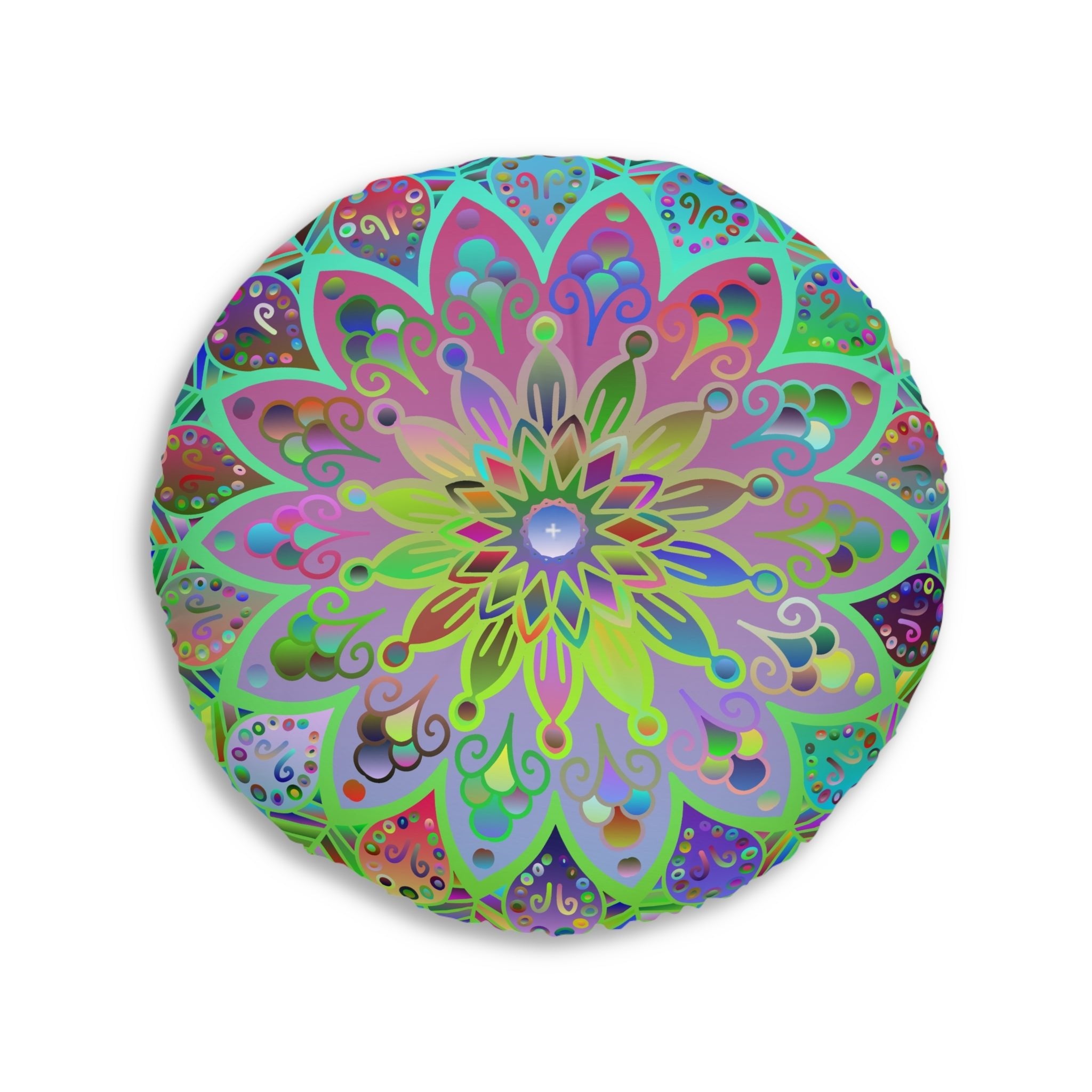 Floor Cushion Mandala Art Hand Drawn - Beautiful colorful Mandala on Turquoise background - Drawn by Hand - Tufted Floor Pillow, Round - Blululi