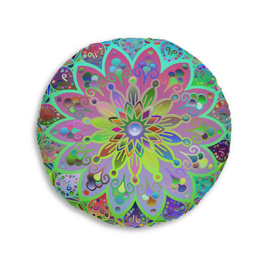 Floor Cushion Mandala Art Hand Drawn - Beautiful colorful Mandala on Turquoise background - Drawn by Hand - Tufted Floor Pillow, Round - Blululi