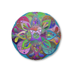 Floor Cushion Mandala Art Hand Drawn - Beautiful colorful Mandala on Turquoise background - Drawn by Hand - Tufted Floor Pillow, Round - Blululi