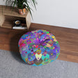 Floor Cushion Mandala Art Hand Drawn - Beautiful colorful Mandala on Turquoise background - Drawn by Hand - Tufted Floor Pillow, Round - Blululi