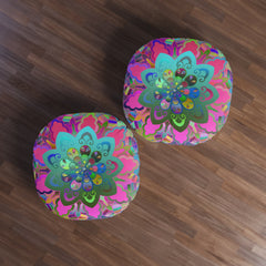 Floor Cushion Mandala Art Hand Drawn - Beautiful colorful Mandala on Turquoise background - Drawn by Hand - Tufted Floor Pillow, Round - Blululi