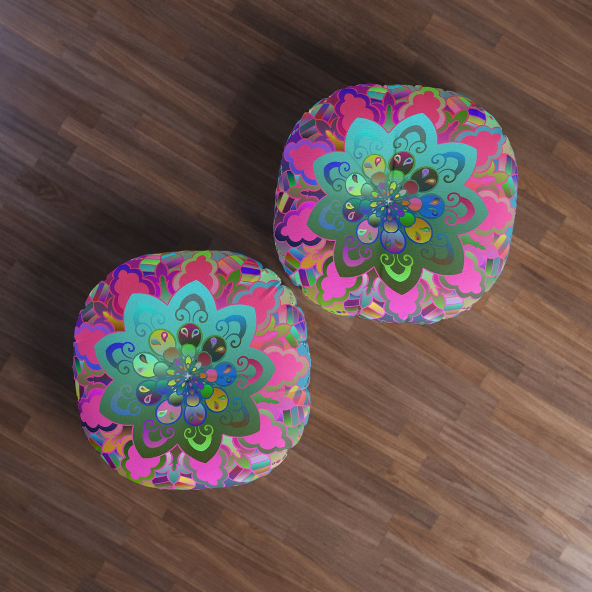 Floor Cushion Mandala Art Hand Drawn - Beautiful colorful Mandala on Turquoise background - Drawn by Hand - Tufted Floor Pillow, Round - Blululi