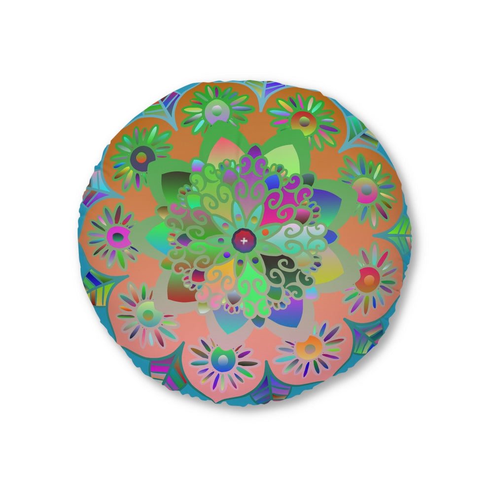Floor Cushion Mandala Art Hand Drawn - Beautiful colorful Mandala on Turquoise background - Drawn by Hand - Tufted Floor Pillow, Round - Blululi