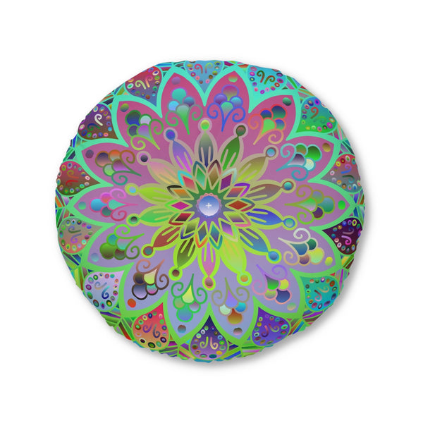 Floor Cushion Mandala Art Hand Drawn - Beautiful colorful Mandala on Turquoise background - Drawn by Hand - Tufted Floor Pillow, Round - Blululi