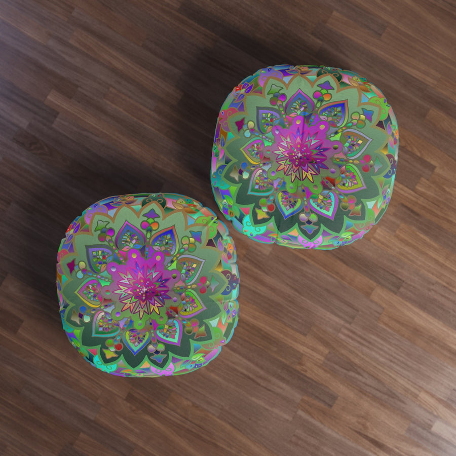 Floor Cushion Mandala Art Hand Drawn - Beautiful colorful Mandala on Turquoise background - Drawn by Hand - Tufted Floor Pillow, Round - Blululi