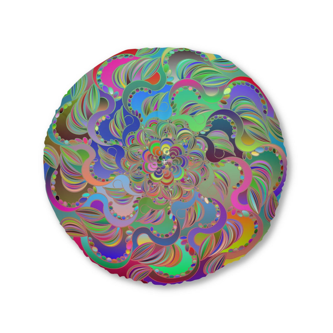 Floor Cushion Mandala Art Hand Drawn - Beautiful colorful Mandala on Turquoise background - Drawn by Hand - Tufted Floor Pillow, Round - Blululi