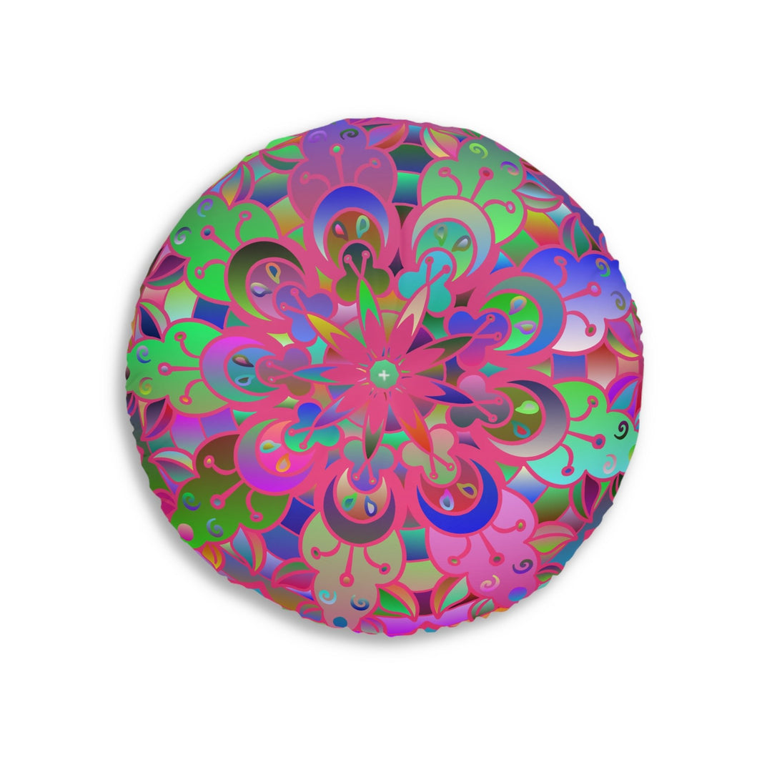 Floor Cushion Mandala Art Hand Drawn - Beautiful colorful Mandala on Turquoise background - Drawn by Hand - Tufted Floor Pillow, Round - Blululi