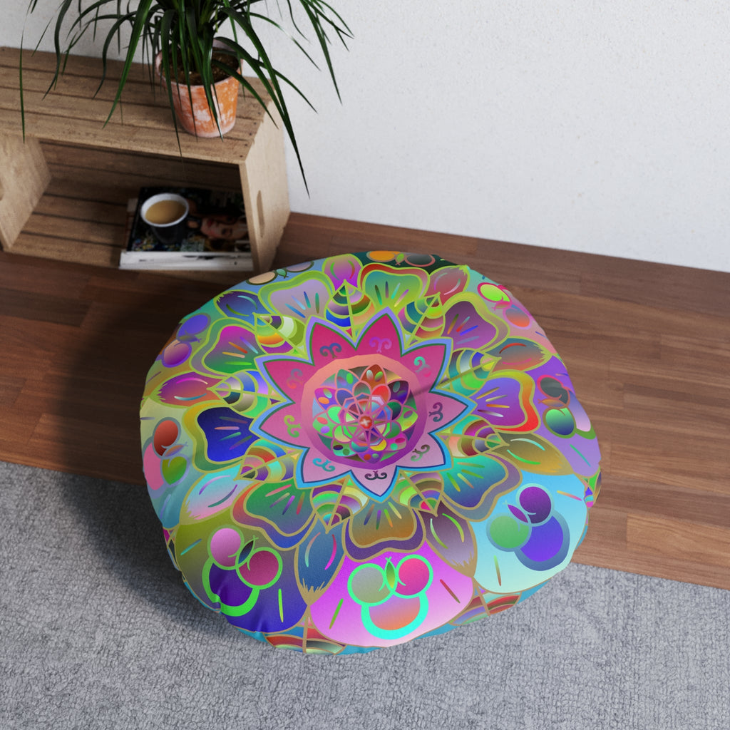 Floor Cushion Mandala Art Hand Drawn - Beautiful colorful Mandala on Turquoise background - Drawn by Hand - Tufted Floor Pillow, Round - Blululi