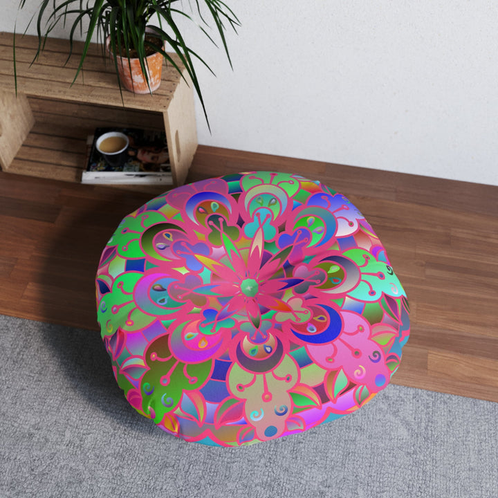Floor Cushion Mandala Art Hand Drawn - Beautiful colorful Mandala on Turquoise background - Drawn by Hand - Tufted Floor Pillow, Round - Blululi