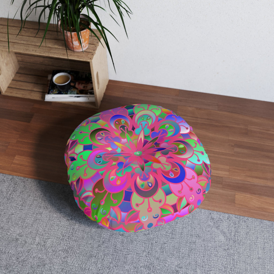 Floor Cushion Mandala Art Hand Drawn - Beautiful colorful Mandala on Turquoise background - Drawn by Hand - Tufted Floor Pillow, Round - Blululi