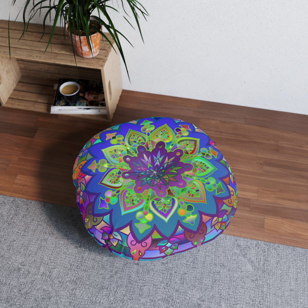 Floor Cushion Mandala Art Hand Drawn - Beautiful colorful Mandala on Turquoise background - Drawn by Hand - Tufted Floor Pillow, Round - Blululi