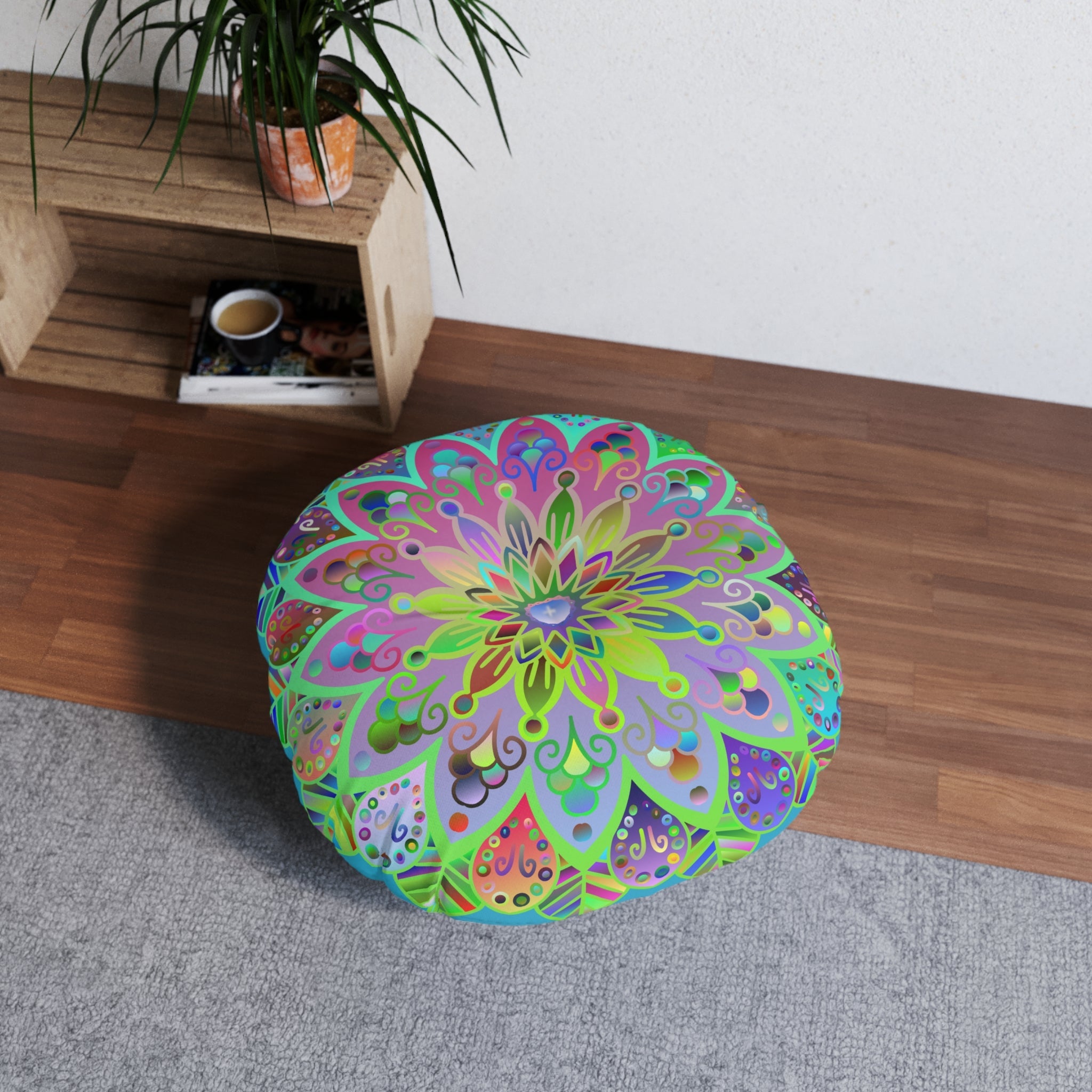 Floor Cushion Mandala Art Hand Drawn - Beautiful colorful Mandala on Turquoise background - Drawn by Hand - Tufted Floor Pillow, Round - Blululi