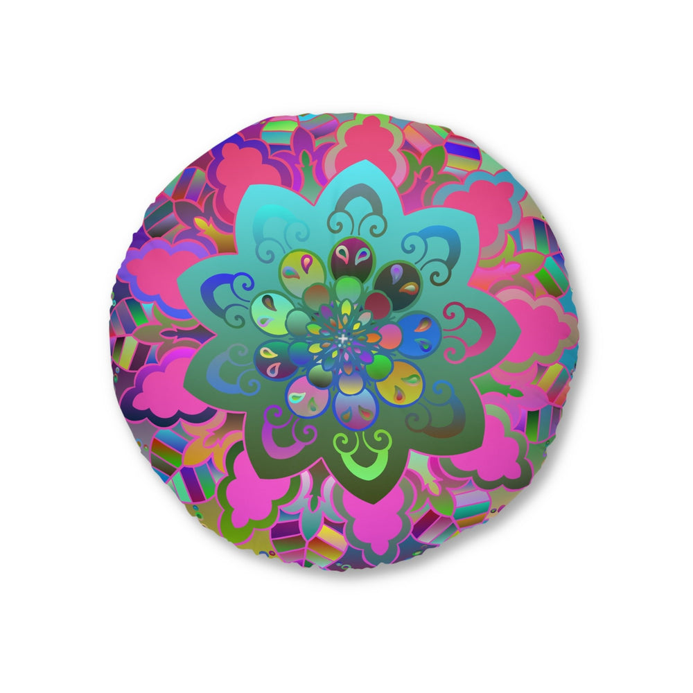 Floor Cushion Mandala Art Hand Drawn - Beautiful colorful Mandala on Turquoise background - Drawn by Hand - Tufted Floor Pillow, Round - Blululi