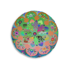 Floor Cushion Mandala Art Hand Drawn - Beautiful colorful Mandala on Turquoise background - Drawn by Hand - Tufted Floor Pillow, Round - Blululi