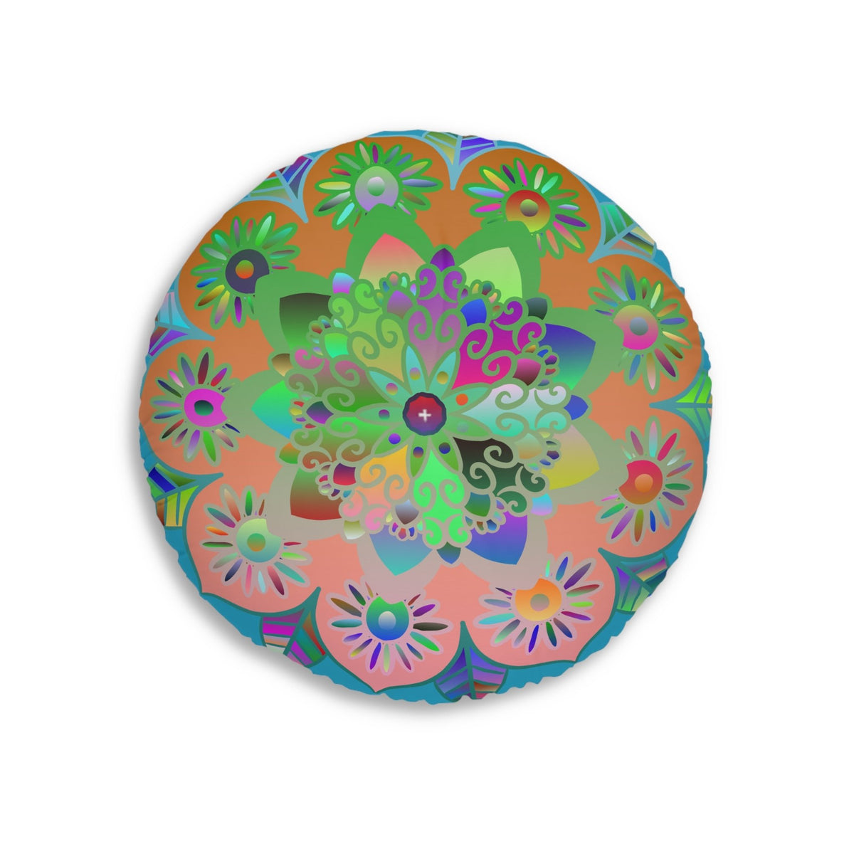 Floor Cushion Mandala Art Hand Drawn - Beautiful colorful Mandala on Turquoise background - Drawn by Hand - Tufted Floor Pillow, Round - Blululi
