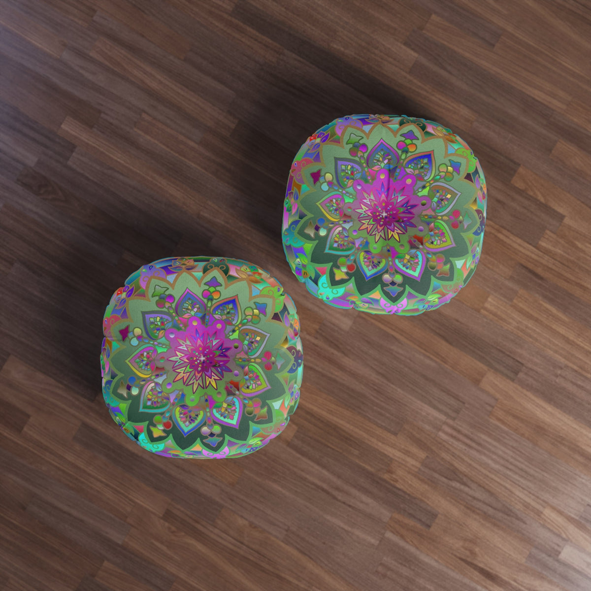 Floor Cushion Mandala Art Hand Drawn - Beautiful colorful Mandala on Turquoise background - Drawn by Hand - Tufted Floor Pillow, Round - Blululi