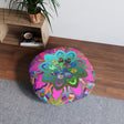 Floor Cushion Mandala Art Hand Drawn - Beautiful colorful Mandala on Turquoise background - Drawn by Hand - Tufted Floor Pillow, Round - Blululi