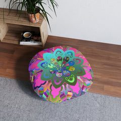 Floor Cushion Mandala Art Hand Drawn - Beautiful colorful Mandala on Turquoise background - Drawn by Hand - Tufted Floor Pillow, Round - Blululi