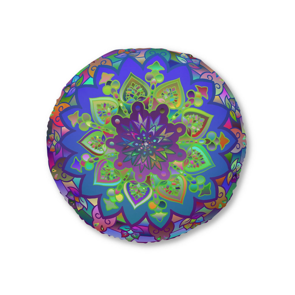 Floor Cushion Mandala Art Hand Drawn - Beautiful colorful Mandala on Turquoise background - Drawn by Hand - Tufted Floor Pillow, Round - Blululi