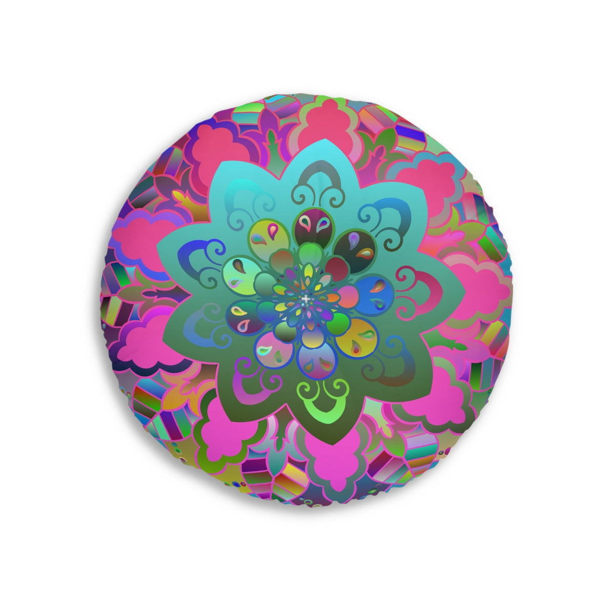 Floor Cushion Mandala Art Hand Drawn - Beautiful colorful Mandala on Turquoise background - Drawn by Hand - Tufted Floor Pillow, Round - Blululi